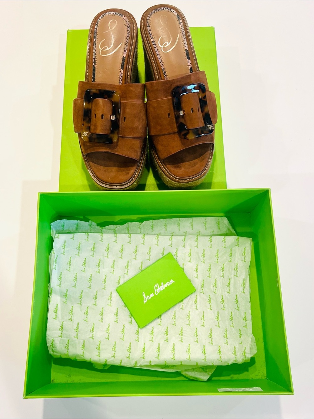 Sam Edelman Brown Suede Slide Sandals with Tortoiseshell Buckle